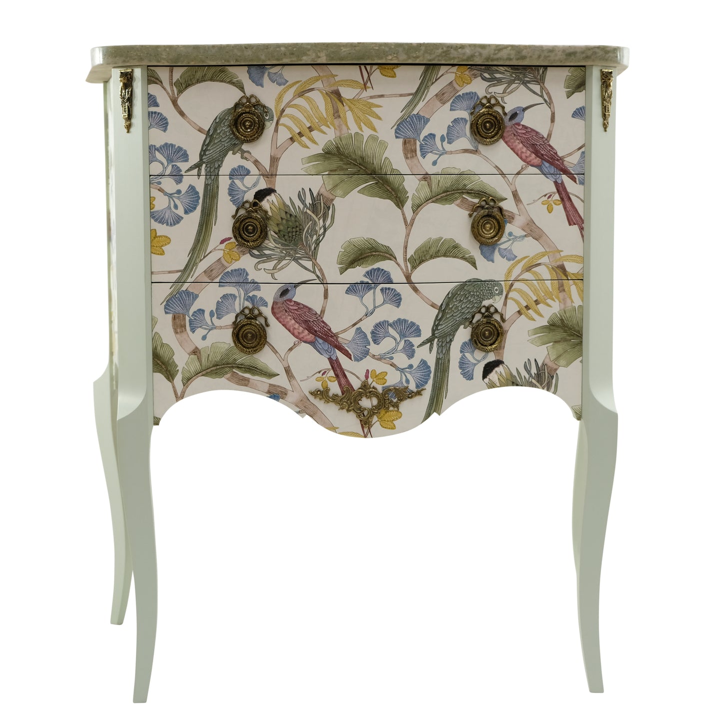 Gustavian Style Commode in Antique White with Exotic Birds Design and Marble Top