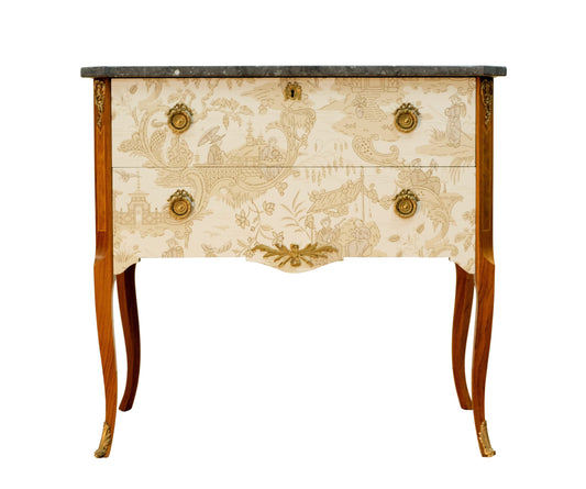 Gustavian Style Commode with natural marble top and Chinoiserie Design