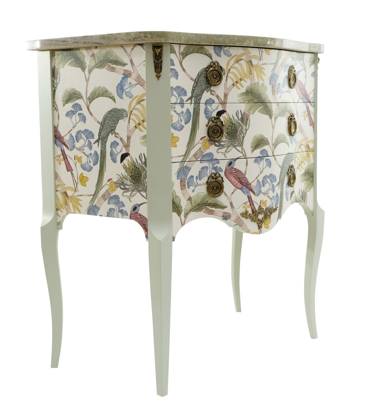 Gustavian Style Commode in Antique White with Exotic Birds Design and Marble Top