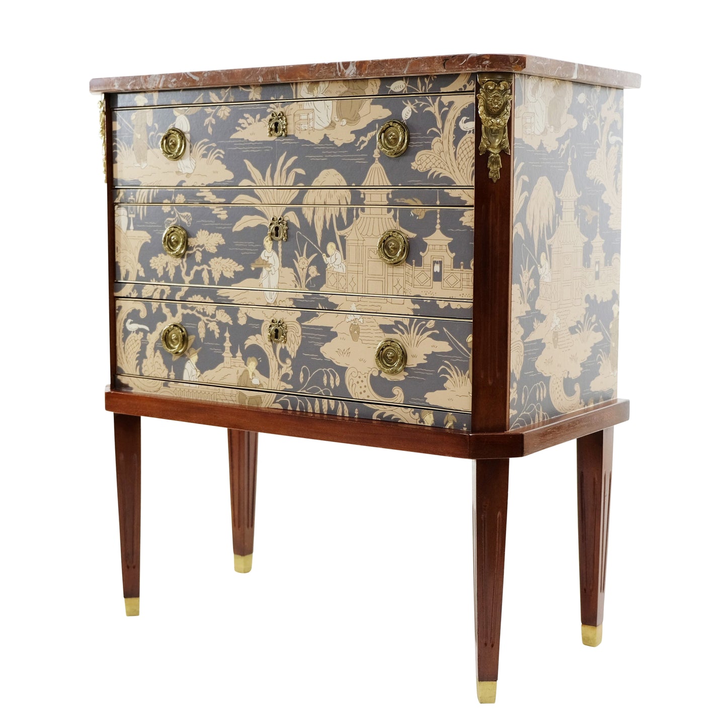 Gustavian Style Commode with natural marble top and Chinoiserie Design