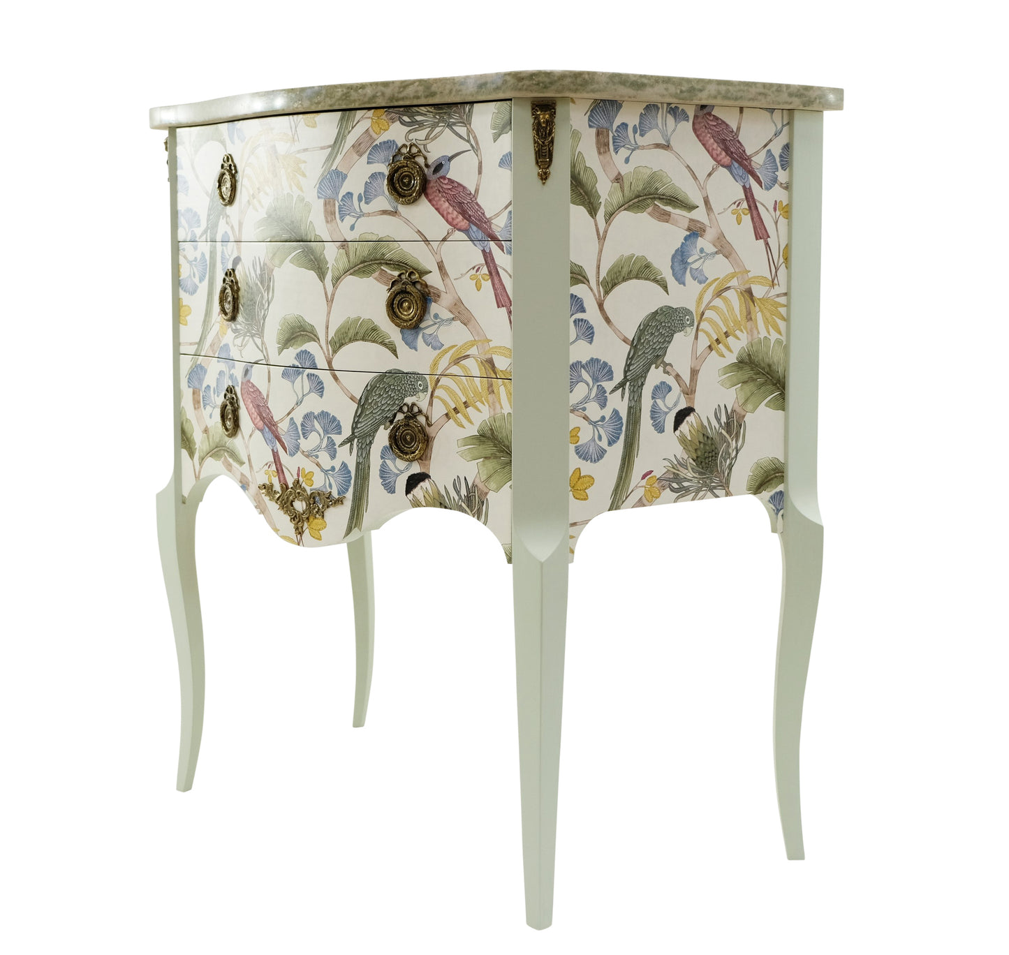 Gustavian Style Commode in Antique White with Exotic Birds Design and Marble Top