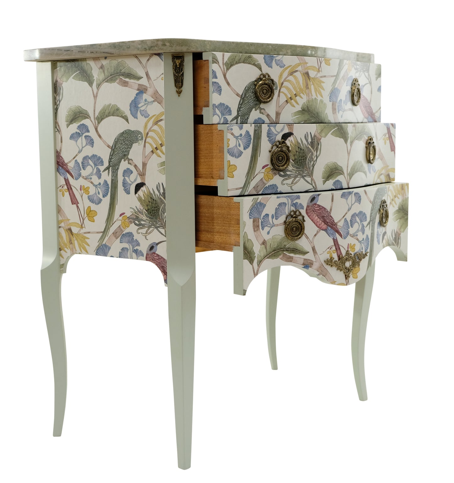 Gustavian Style Commode in Antique White with Exotic Birds Design and Marble Top