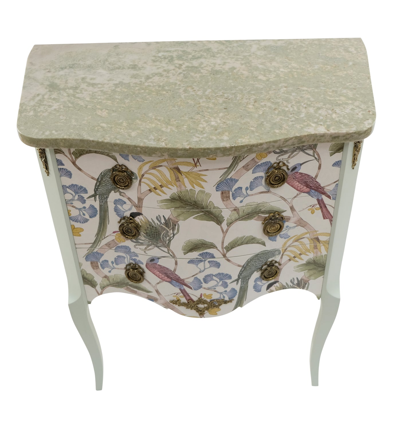 Gustavian Style Commode in Antique White with Exotic Birds Design and Marble Top