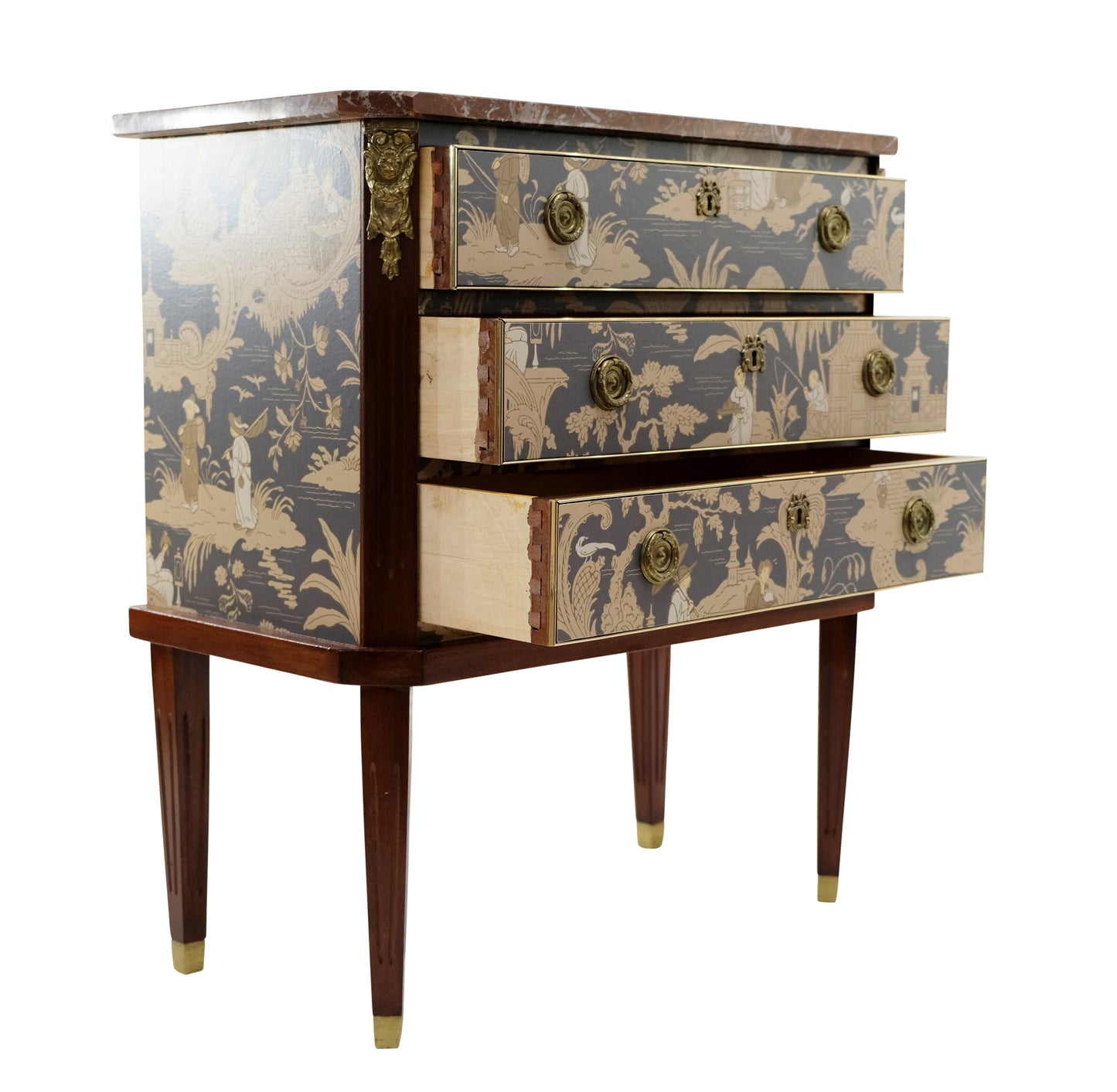 Gustavian Style Commode with natural marble top and Chinoiserie Design