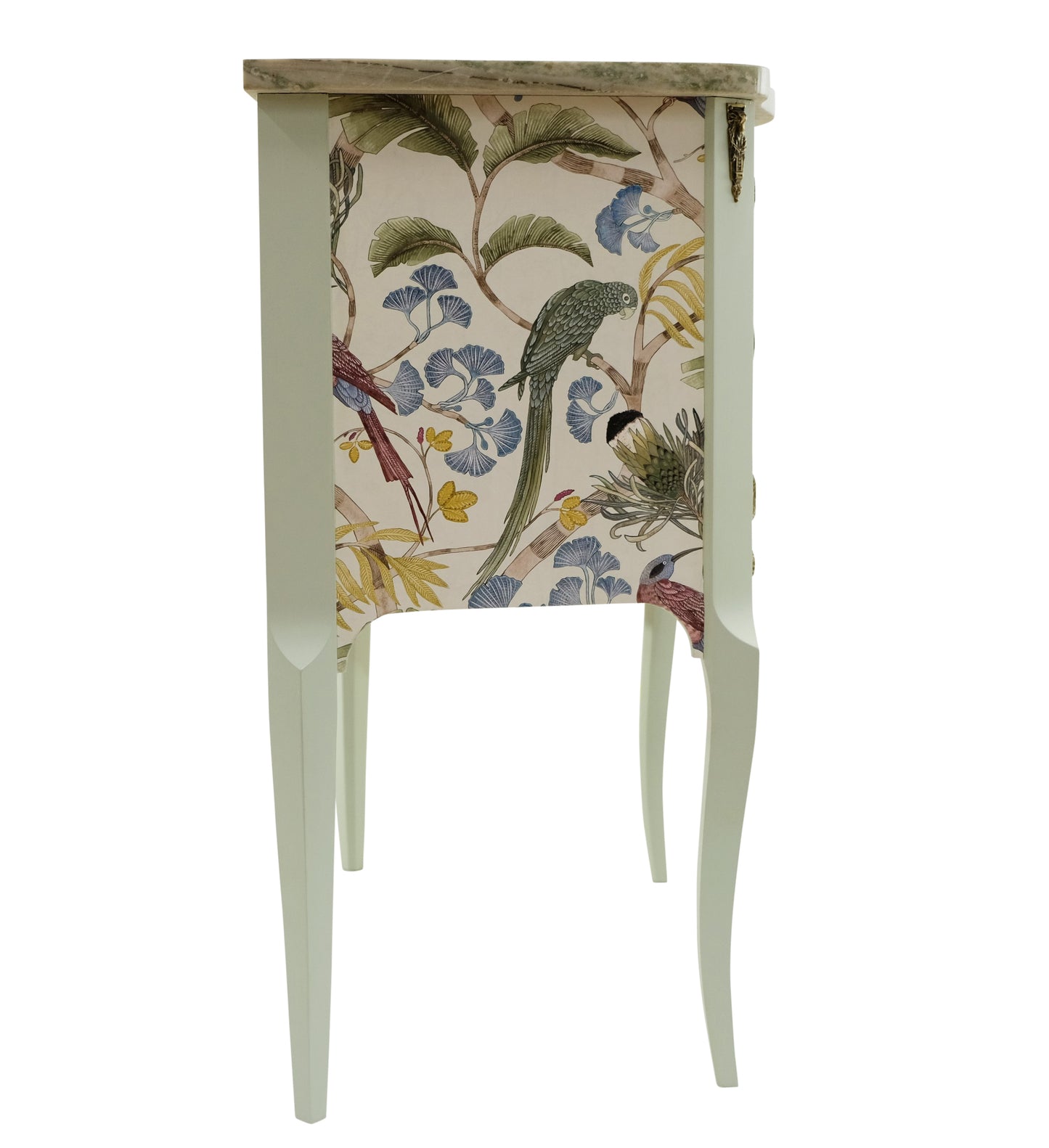 Gustavian Style Commode in Antique White with Exotic Birds Design and Marble Top