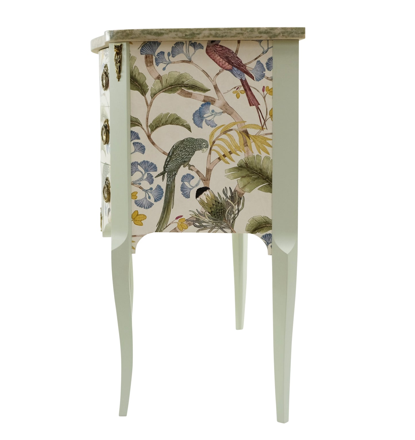 Gustavian Style Commode in Antique White with Exotic Birds Design and Marble Top