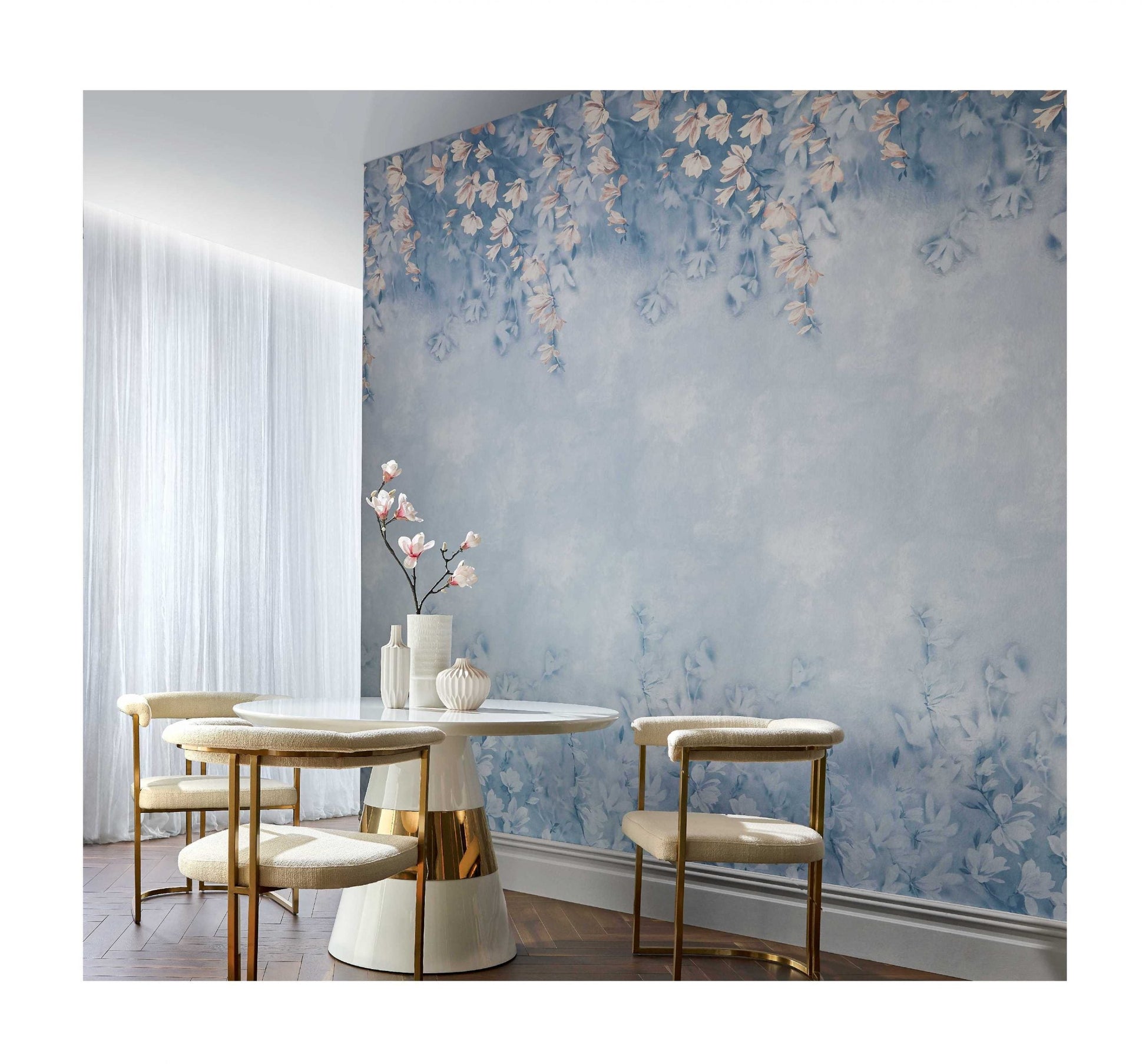 Trailing Magnolia Chambray Blue Luxury Floral Wall Mural - 1838 wallcoverings