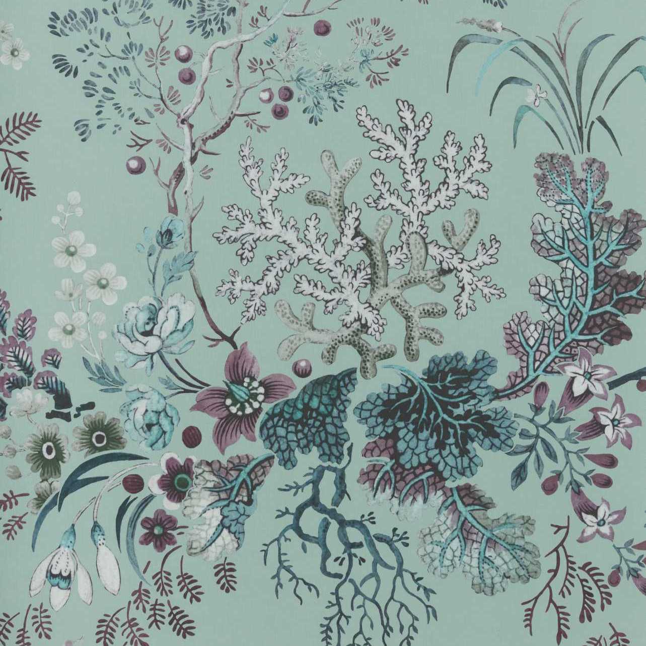 V&A Kilburn's Coral - Mist Green Wallpaper - 1838 wallcoverings