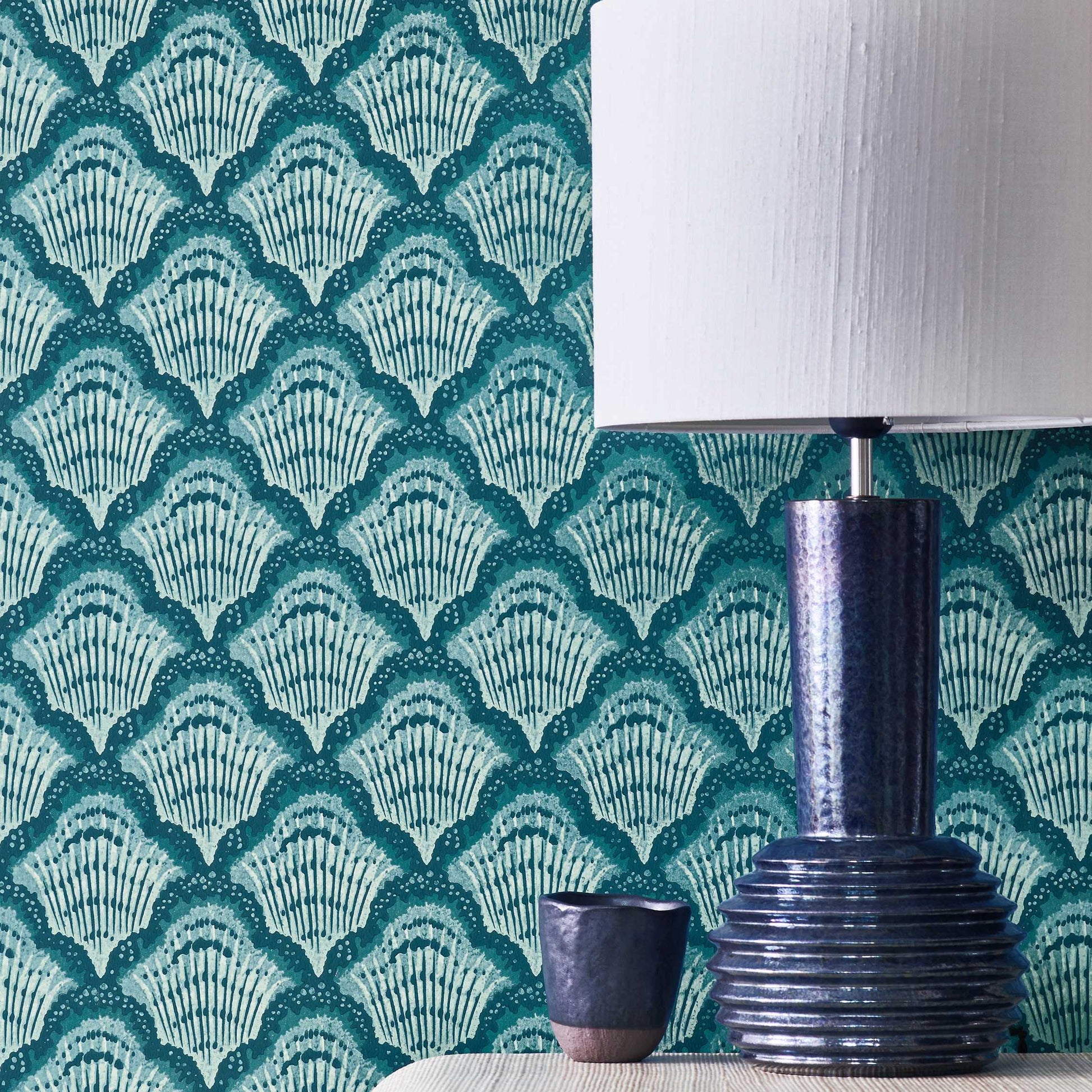 V&A Calico Shell - Aqua Wallpaper - 1838 wallcoverings