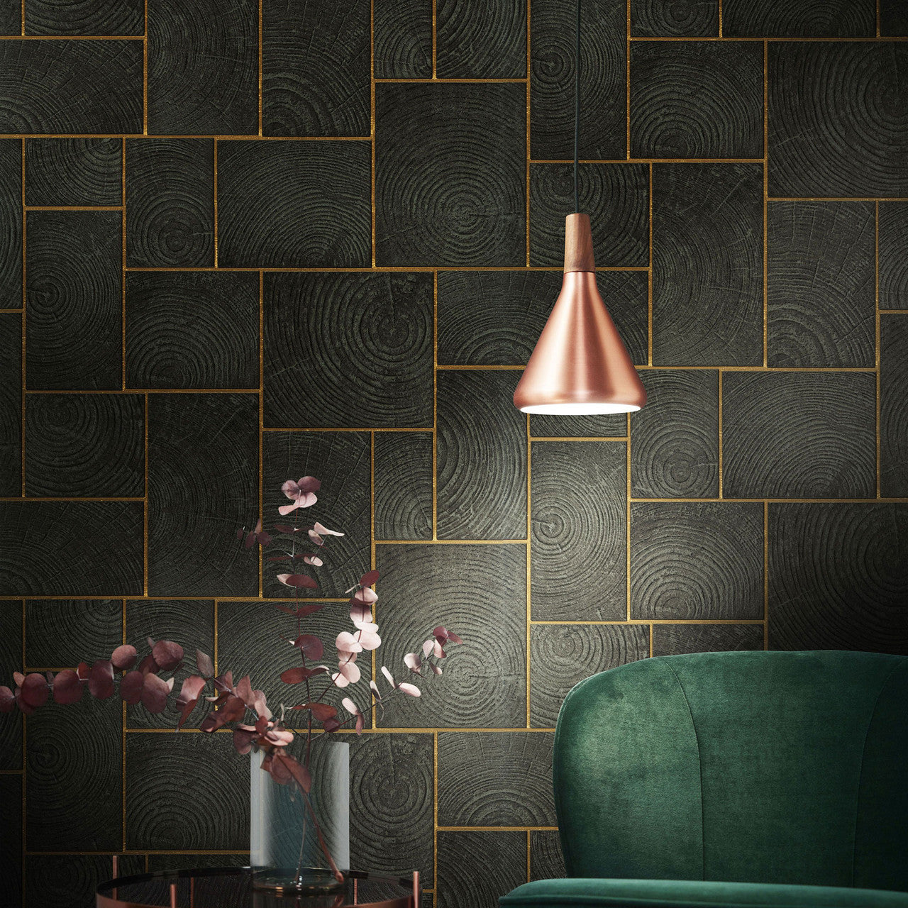 Wood Block Natural Opulence Black Wallpaper - Galerie