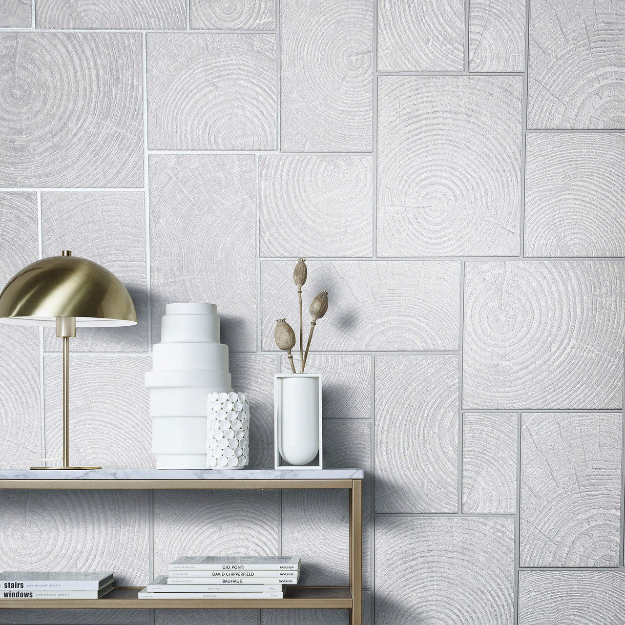 Wood Block Natural Opulence White and Grey Wallpaper - Galerie