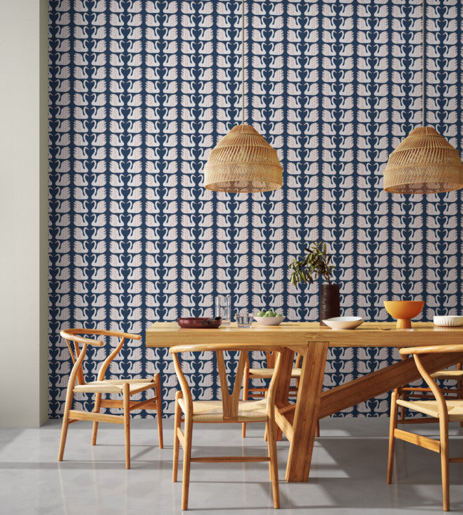 Swim Swam Swan Room Wallpaper - Denim