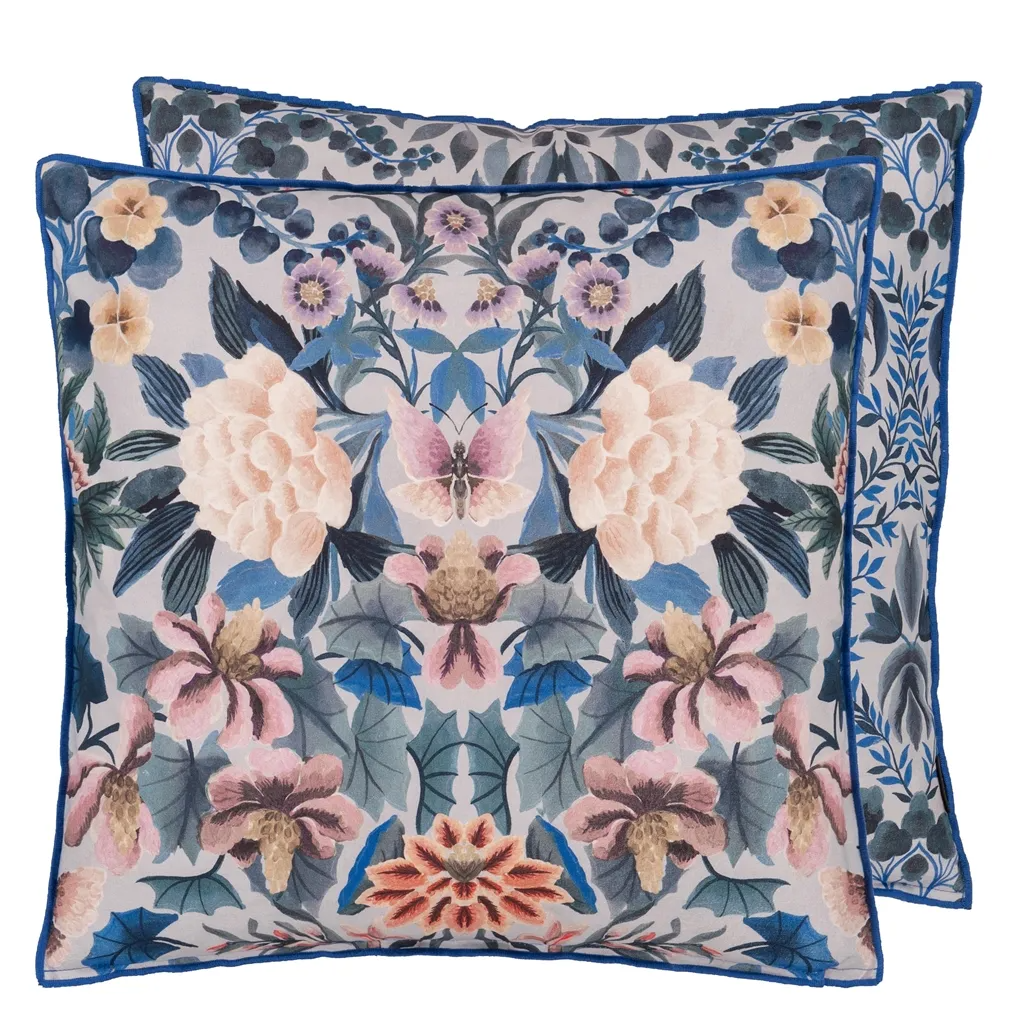 Ikebana Damask Slate Blue Cotton Cushion - Designers Guild