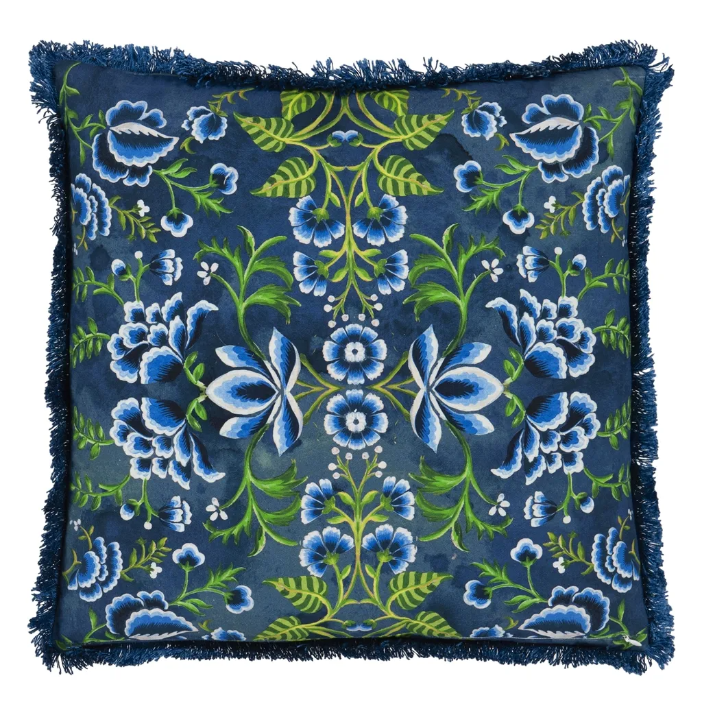 Rose De Damas Embroidered Indigo Cotton Cushion - Designers Guild