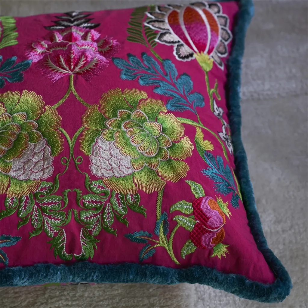 Brocart Decoratif Embroidered Cerise Cotton Cushion - Designers Guild