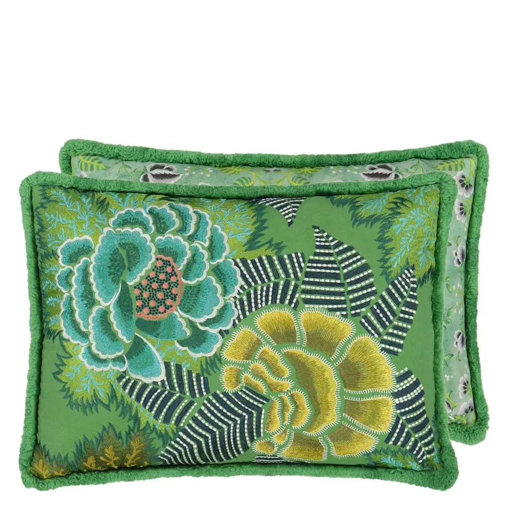 Rose De Damas Embroidered Jade Cotton Cushion - Designers Guild