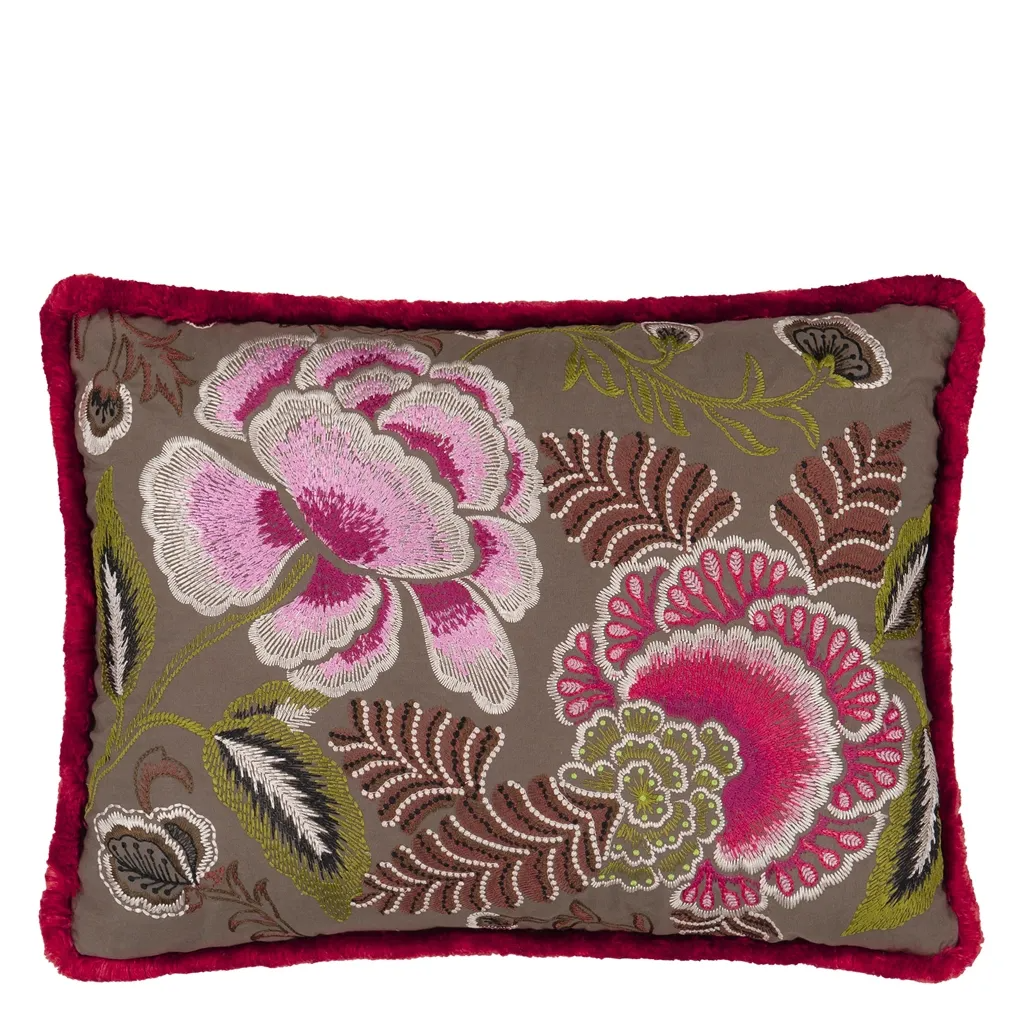 Rose De Damas Embroidered Cranberry Cotton Cushion - Designers Guild