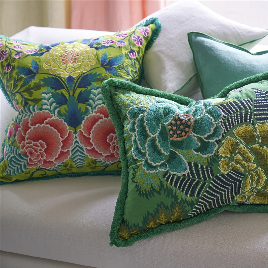 Brera Lino Alabaster & Emerald Linen Cushion - Designers Guild