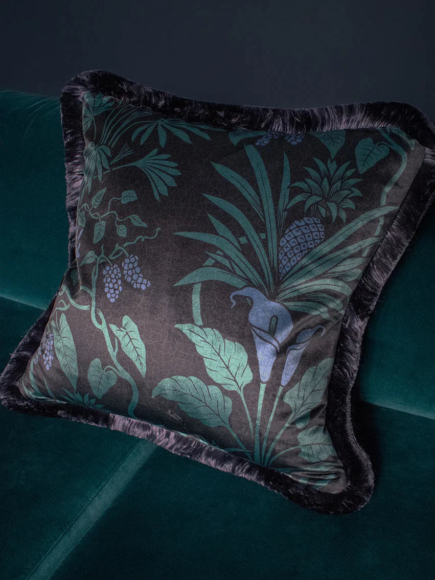 Botanize 'Blackberry' Fringed Room Velvet Cushion