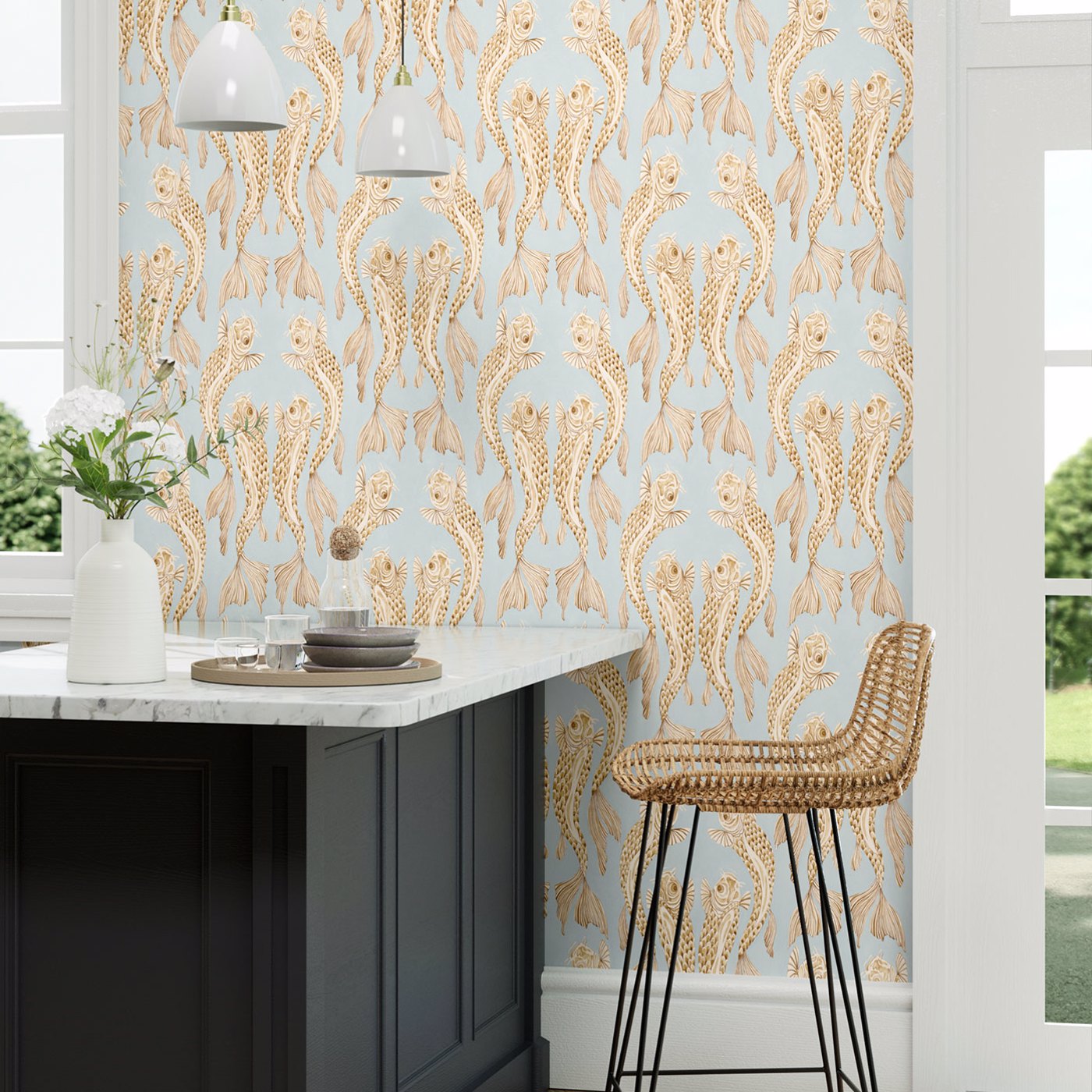 Voyaging Koi Room Wallpaper - Blue