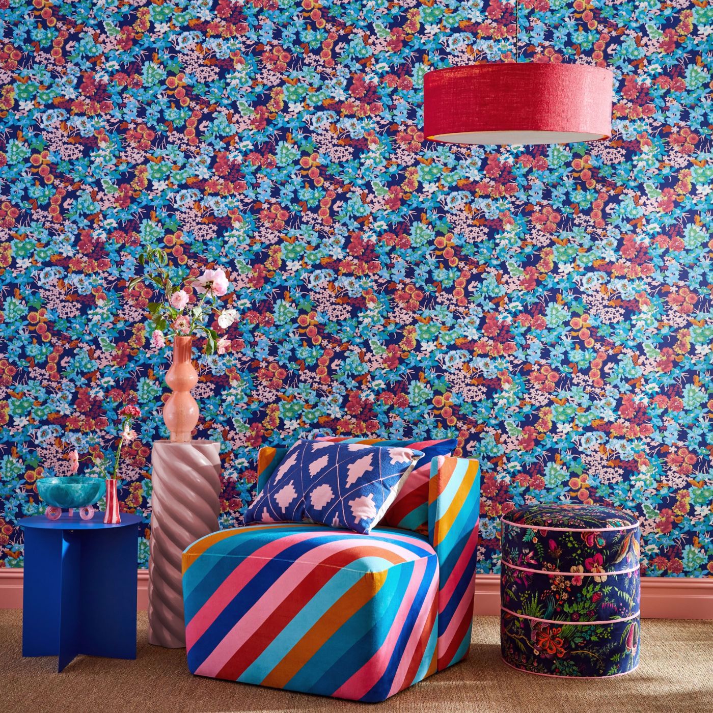 Wildflower Meadow Room Wallpaper - Lapis/Carnelian/Aquamarine